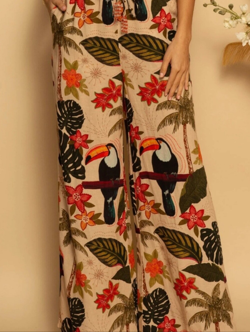 Beige Tropical Toucan Wide-Leg Pants with Floral Print